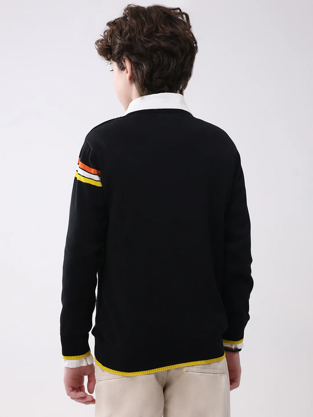 Boys Black Self Design Round Neck Full Sleeve Pullover - Image 5