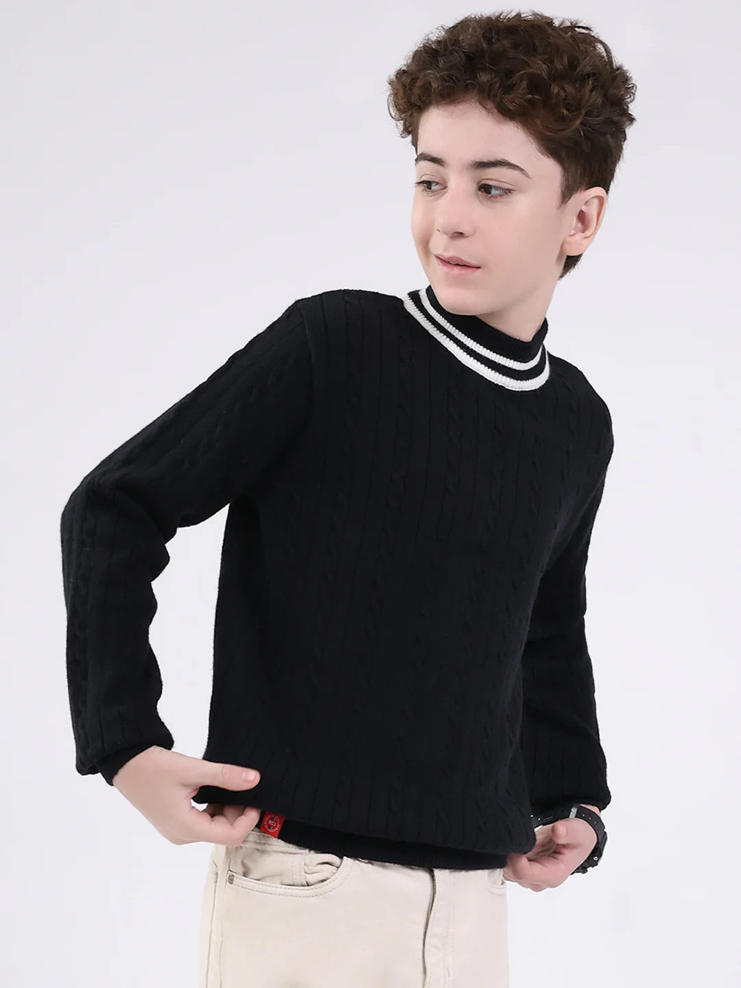 Boys Black Self Design Round Neck Full Sleeve Pullover - Image 4