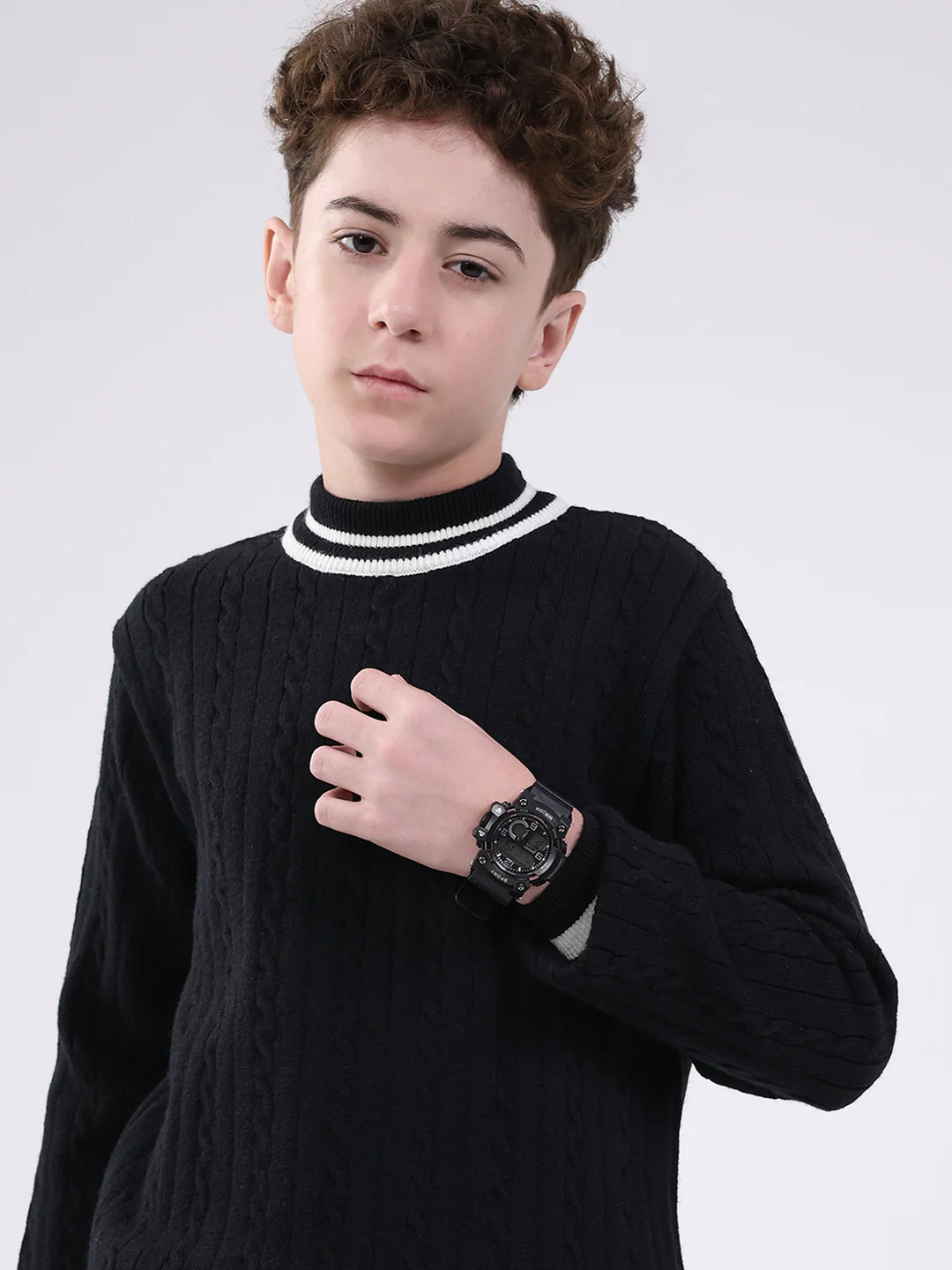 Boys Black Self Design Round Neck Full Sleeve Pullover - Image 6