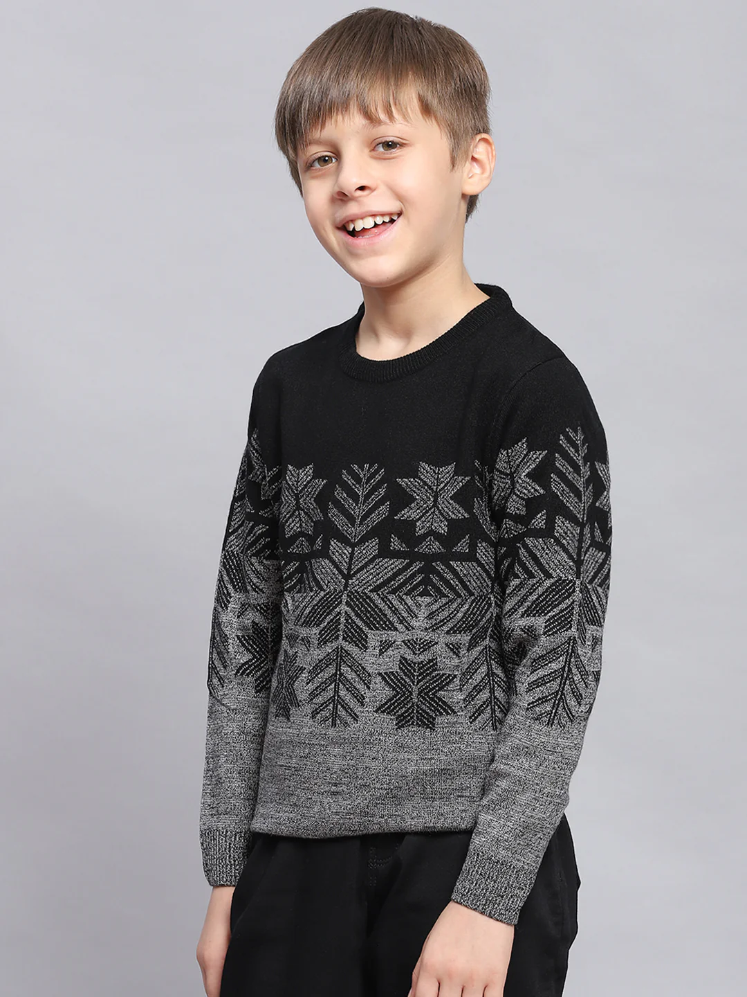 Boys Black Self Design Round Neck Full Sleeve Sweater - Image 4