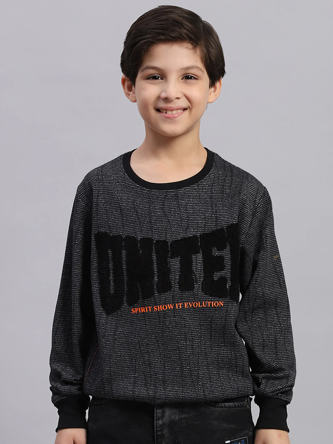Boys Black Self Design Round Neck Full Sleeve Sweatshirt - Image 2
