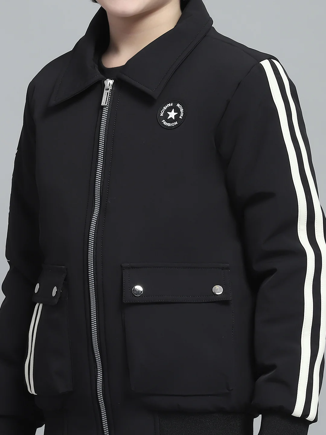 Boys Black Solid Collar Full Sleeve Jacket - Image 7