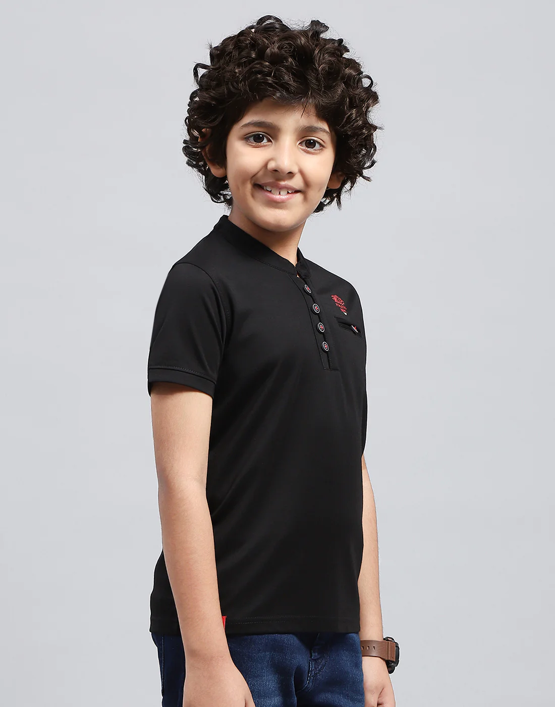 Boys Black Solid Mandarin Neck Half Sleeve T-Shirt - Image 5