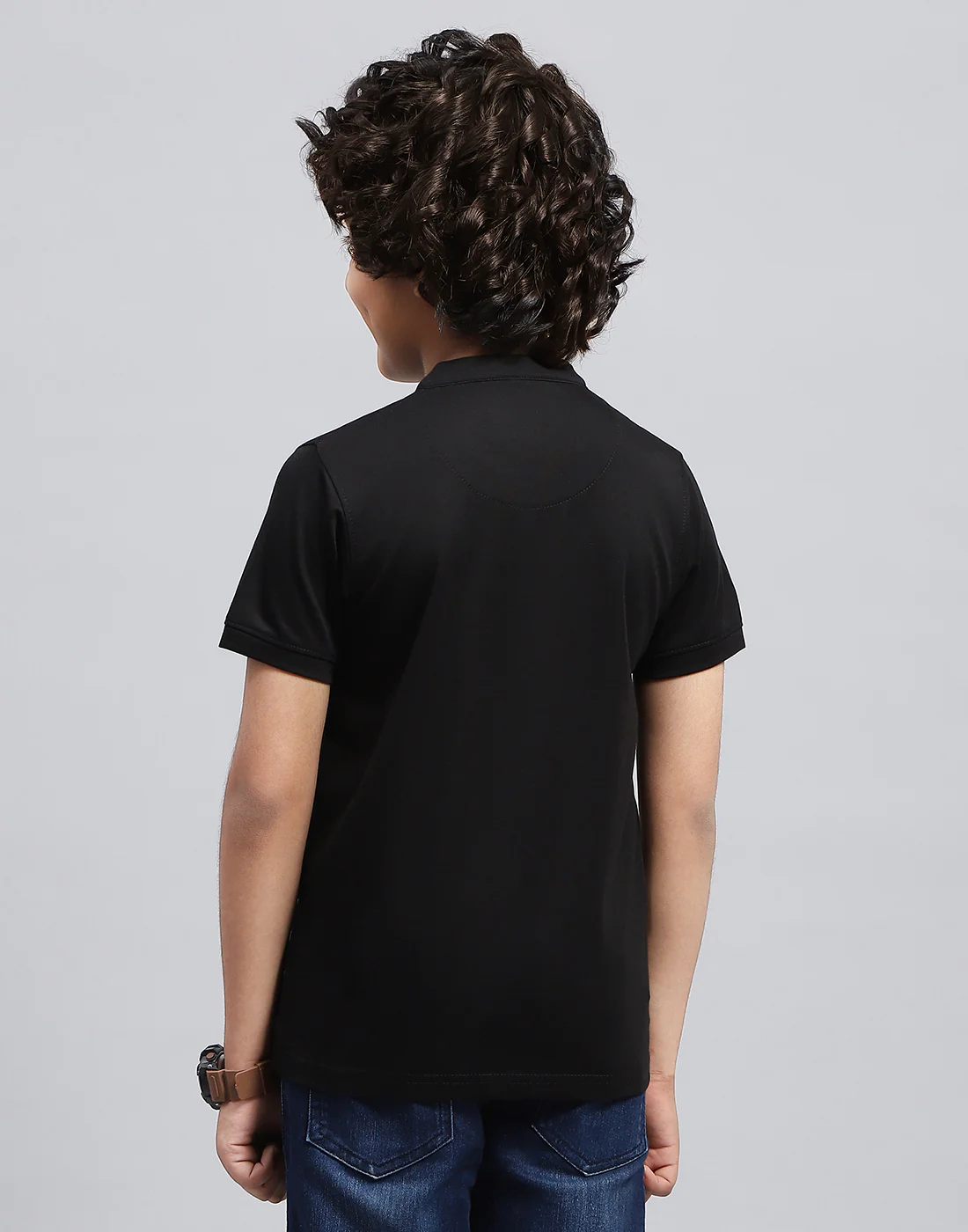Boys Black Solid Mandarin Neck Half Sleeve T-Shirt - Image 6