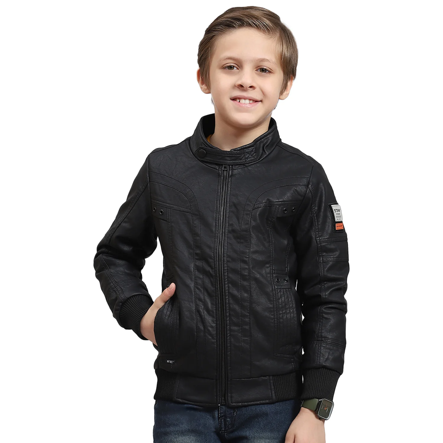 Boys Black Solid Stand Collar Full Sleeve Boys Jacket - Image 5