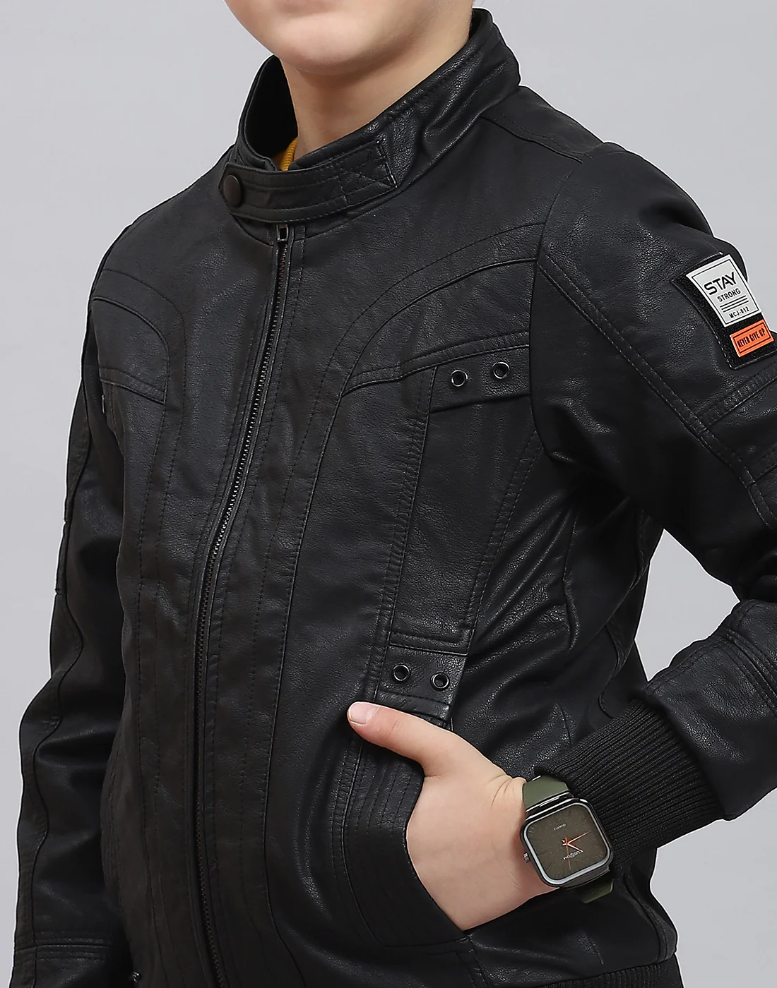 Boys Black Solid Stand Collar Full Sleeve Boys Jacket - Image 7