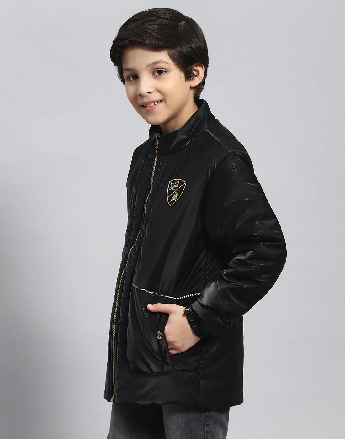 Boys Black Solid Stand Collar Full Sleeve Boys Jacket - Image 3