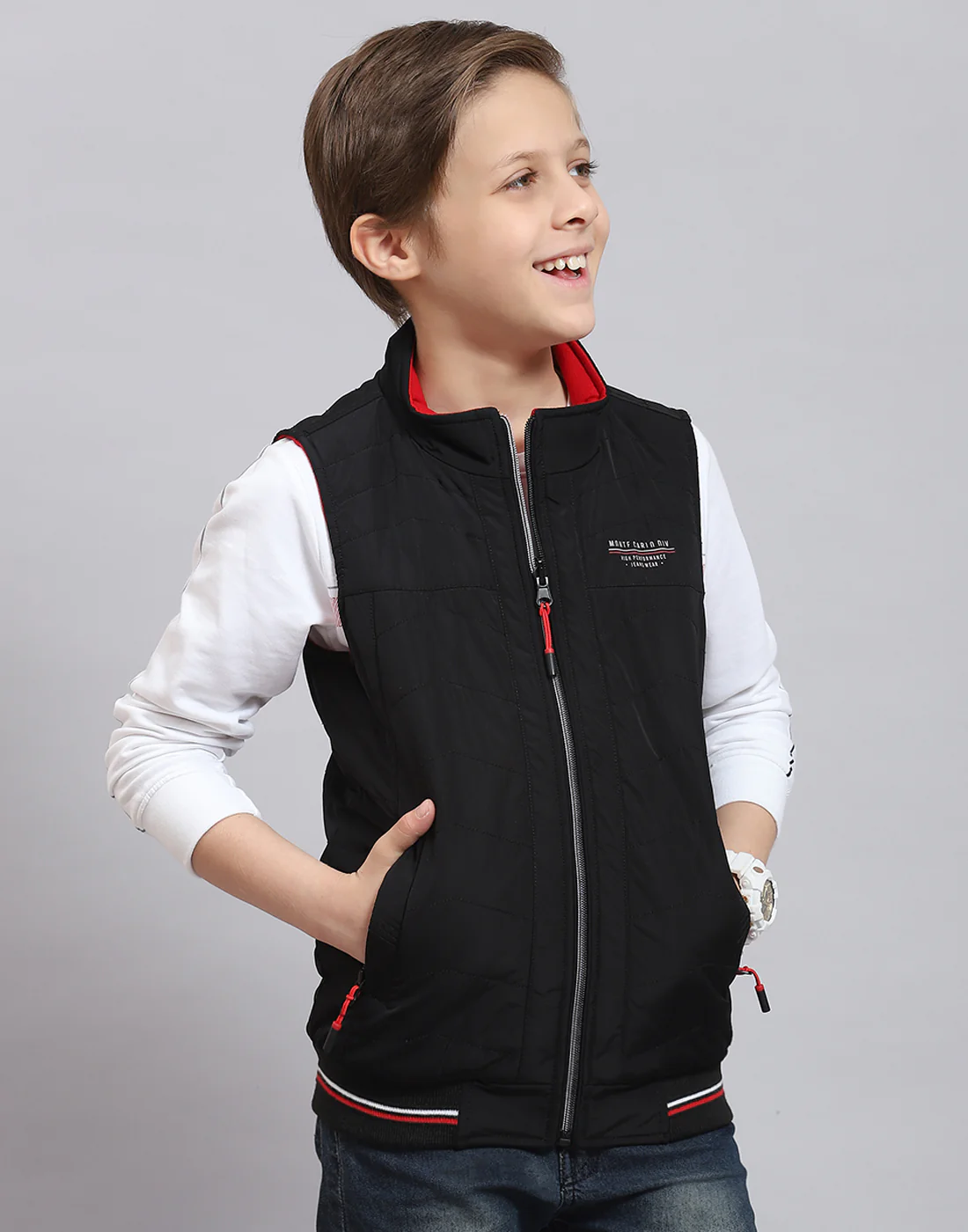 Boys Black Solid Stand Collar Sleeveless Boys Jacket - Image 4