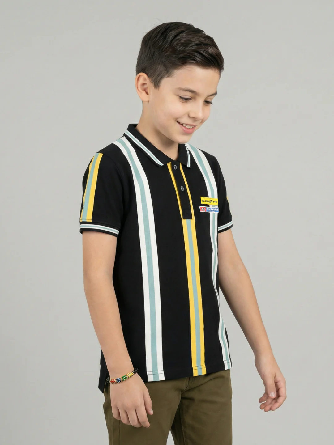 Boys Black Stripe Collar Half Sleeve T-Shirt - Image 2
