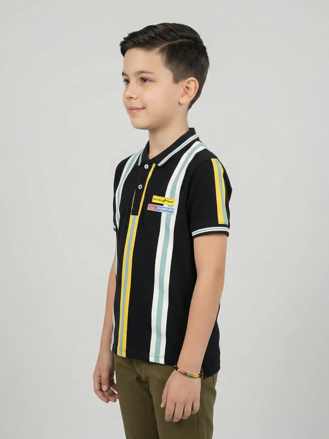 Boys Black Stripe Collar Half Sleeve T-Shirt - Image 3