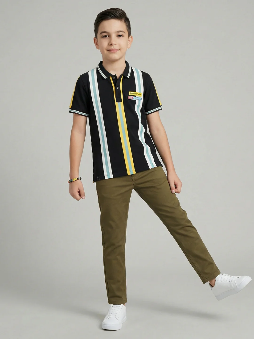 Boys Black Stripe Collar Half Sleeve T-Shirt - Image 5