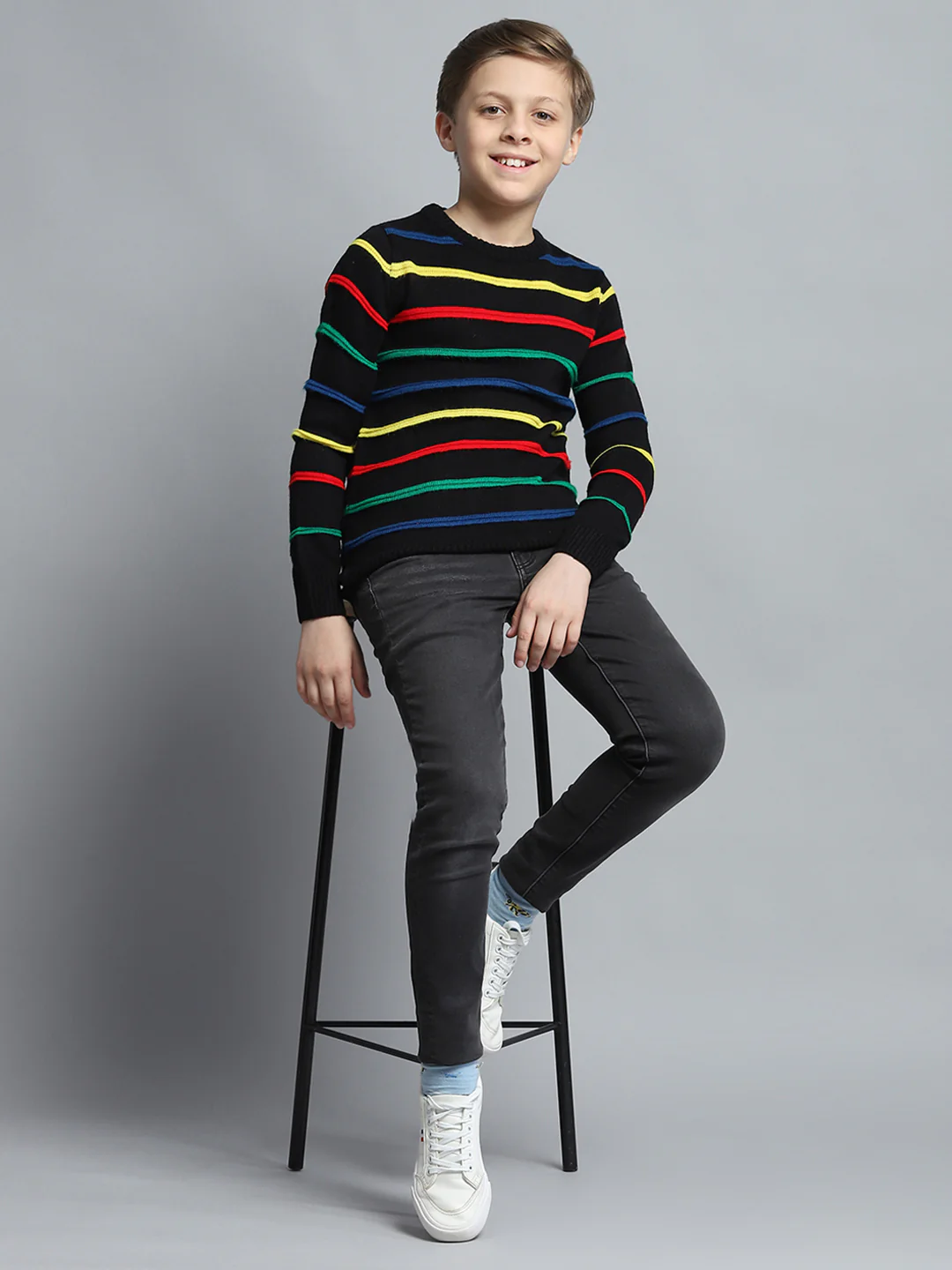 Boys Black Stripe Round Neck Full Sleeve Pullover - Image 2