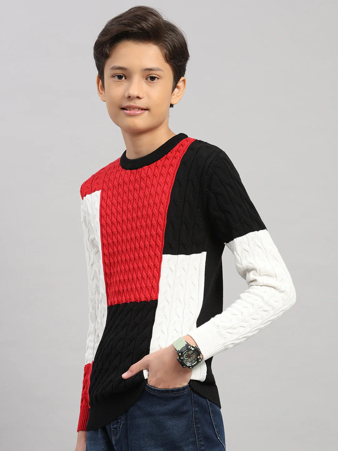 Boys Black Stripe Round Neck Full Sleeve Pullover - Image 3
