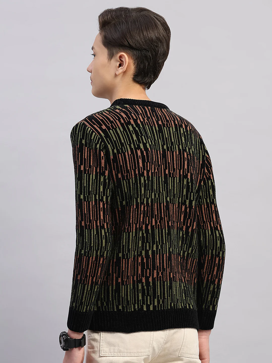 Boys Black Stripe Round Neck Full Sleeve Pullover - Image 5