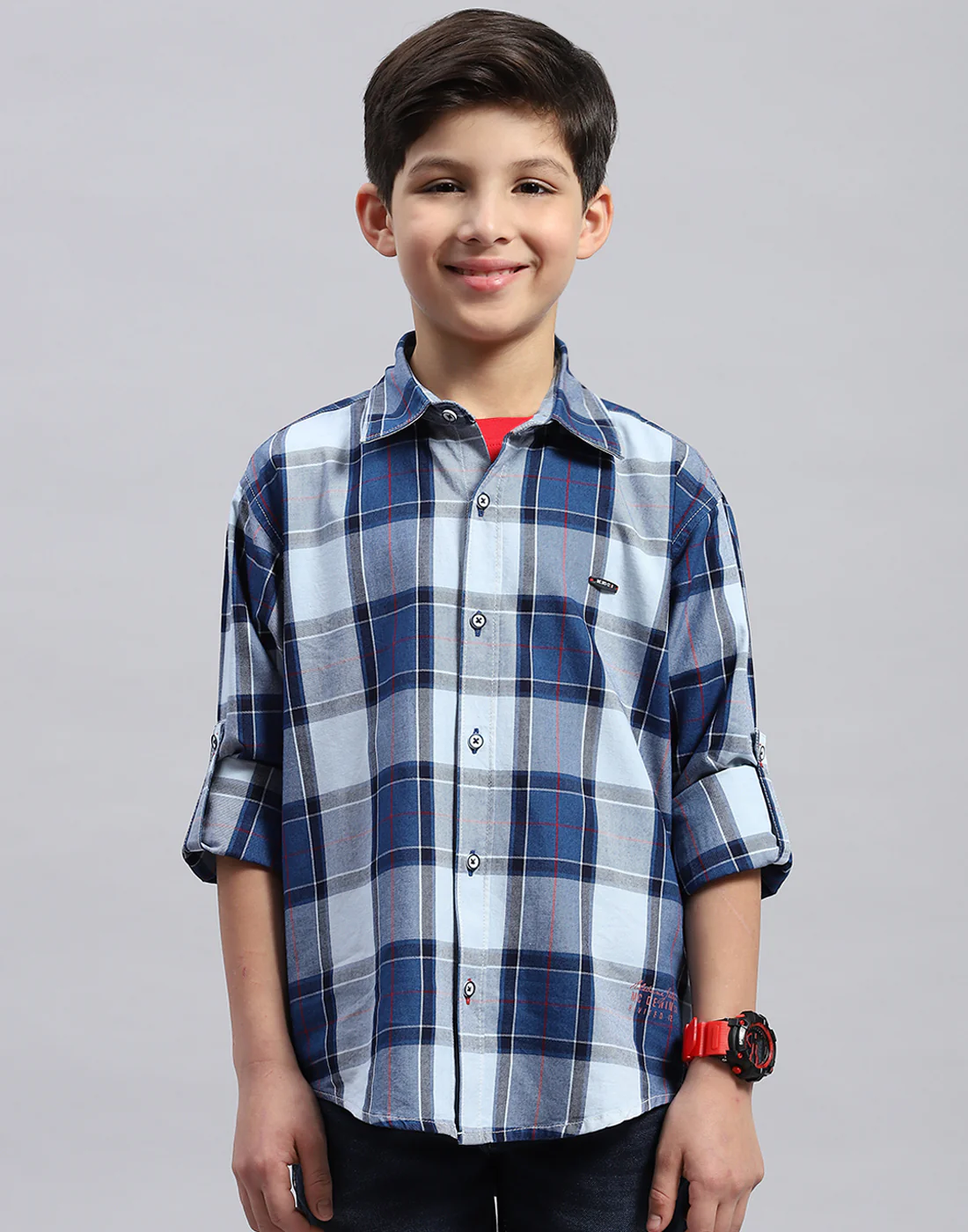 Boys Blue Check Collar Full Sleeve Shirt - Image 2