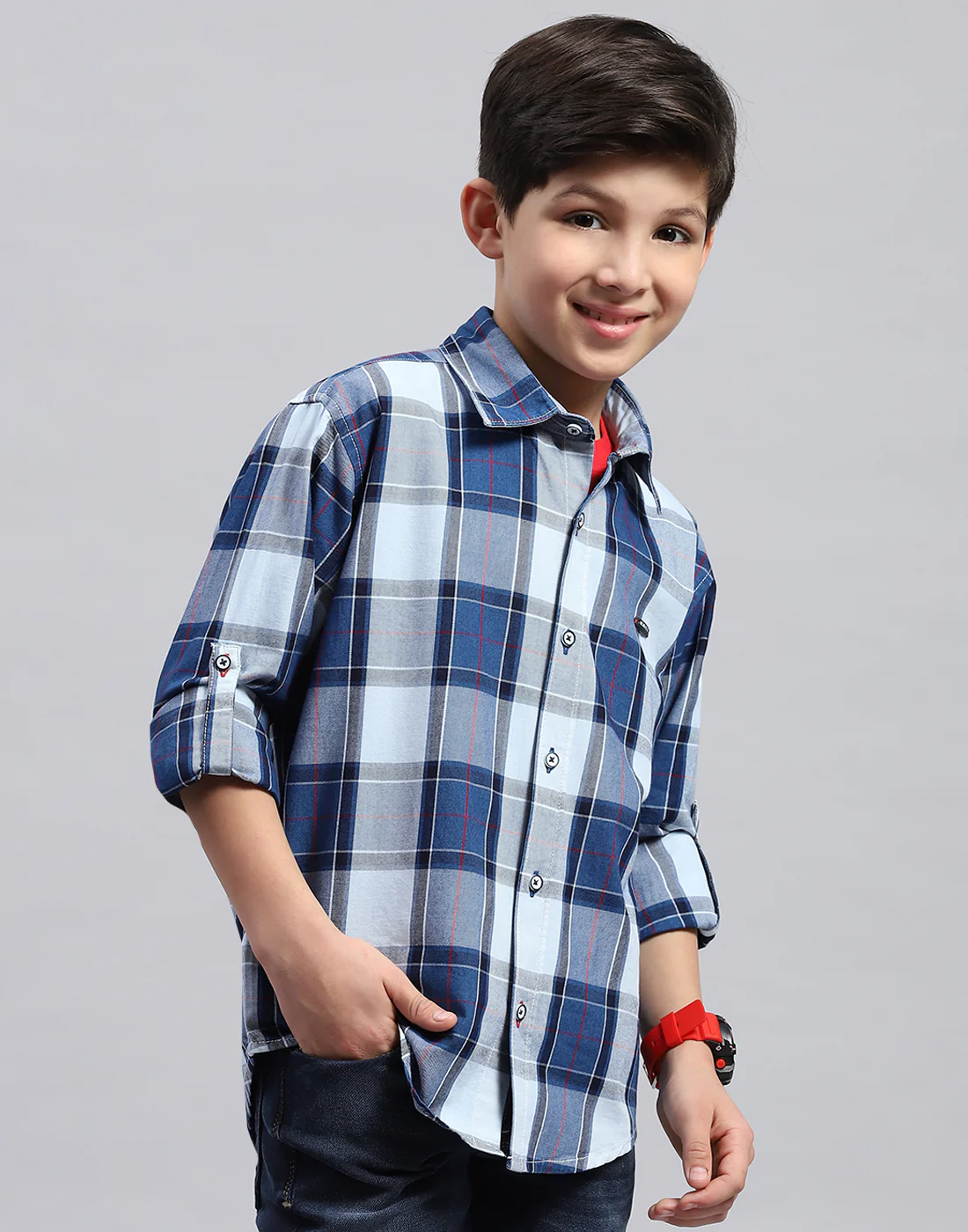 Boys Blue Check Collar Full Sleeve Shirt - Image 4