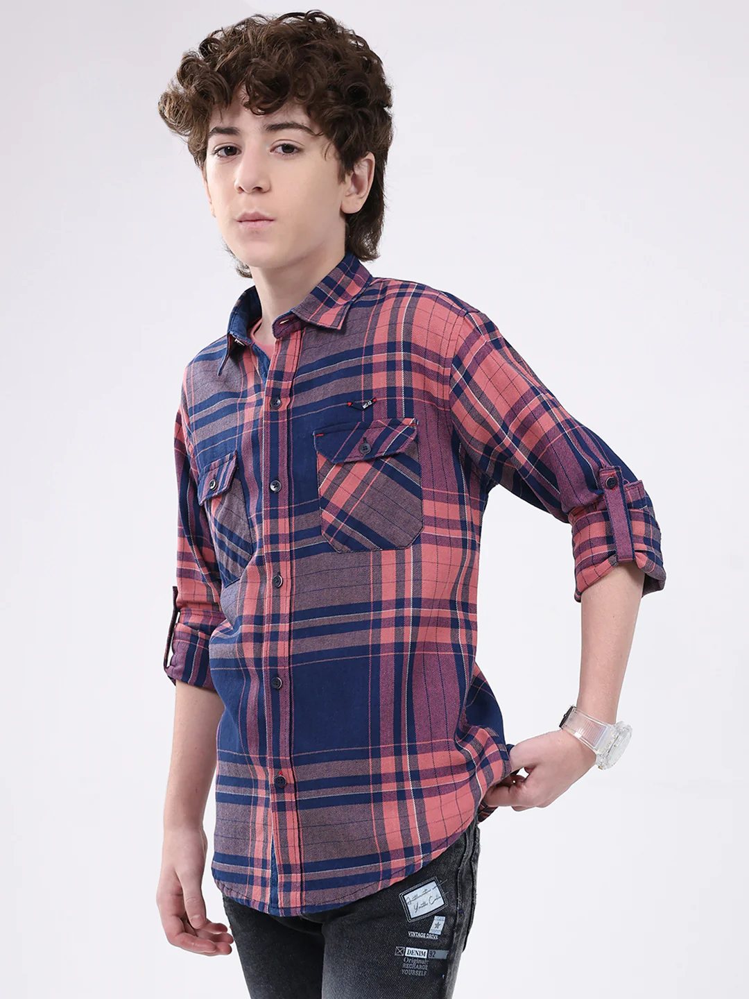 Boys Blue Check Collar Full Sleeve Shirt - Image 3