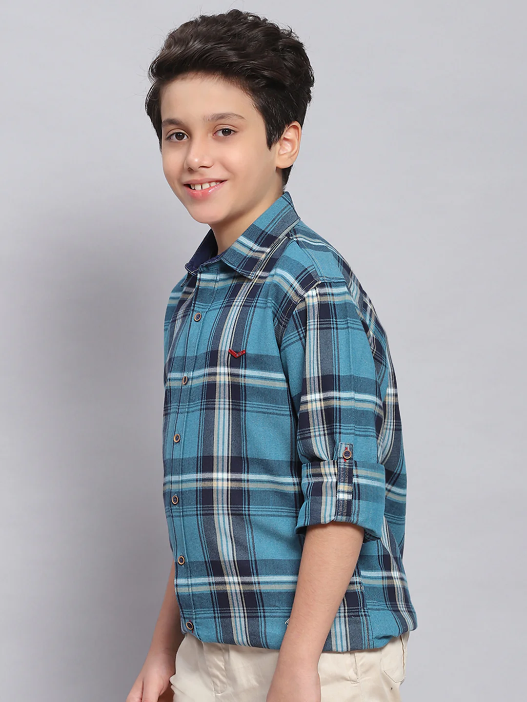 Boys Blue Check Spread Collar Full Sleeve Shirts - Image 3
