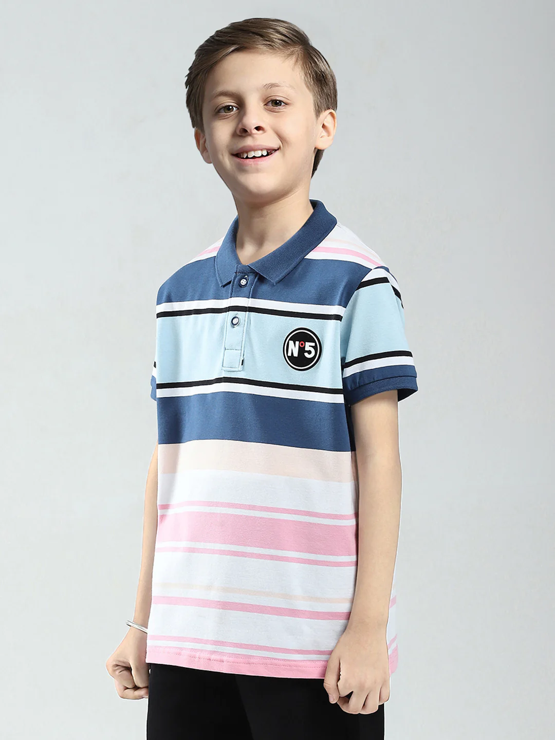 Boys Blue & Pink Stripe Collar Half Sleeve T-Shirt - Image 3