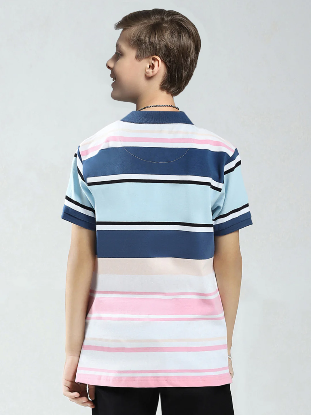 Boys Blue & Pink Stripe Collar Half Sleeve T-Shirt - Image 5