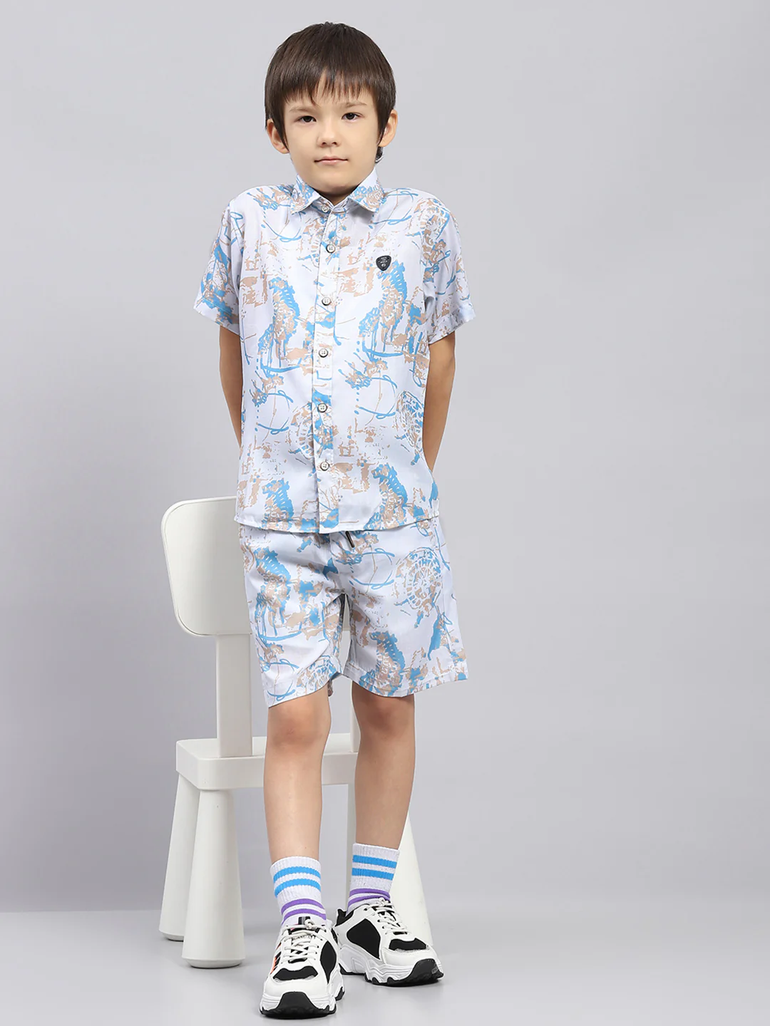 Boys Blue Printed Collar Half Sleeve Bermuda Set - Image 2