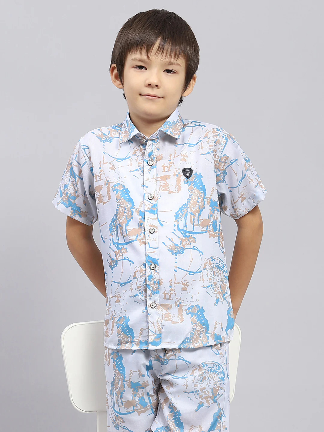 Boys Blue Printed Collar Half Sleeve Bermuda Set - Image 6