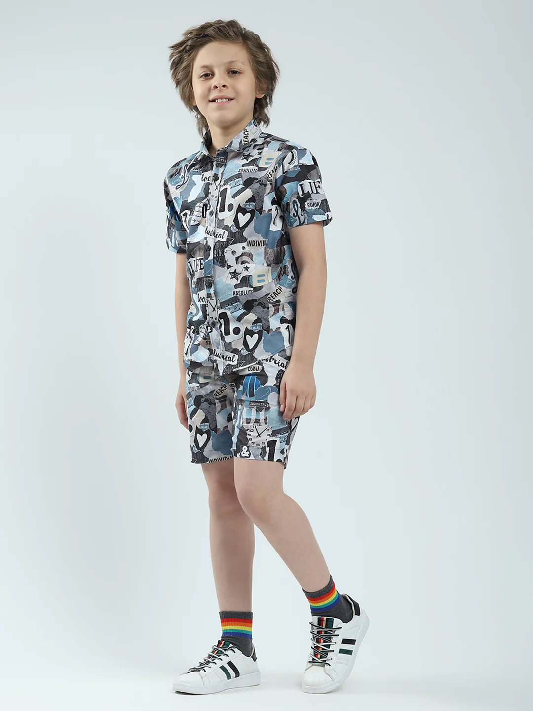 Boys Blue Printed Collar Half Sleeve Bermuda Set - Image 3