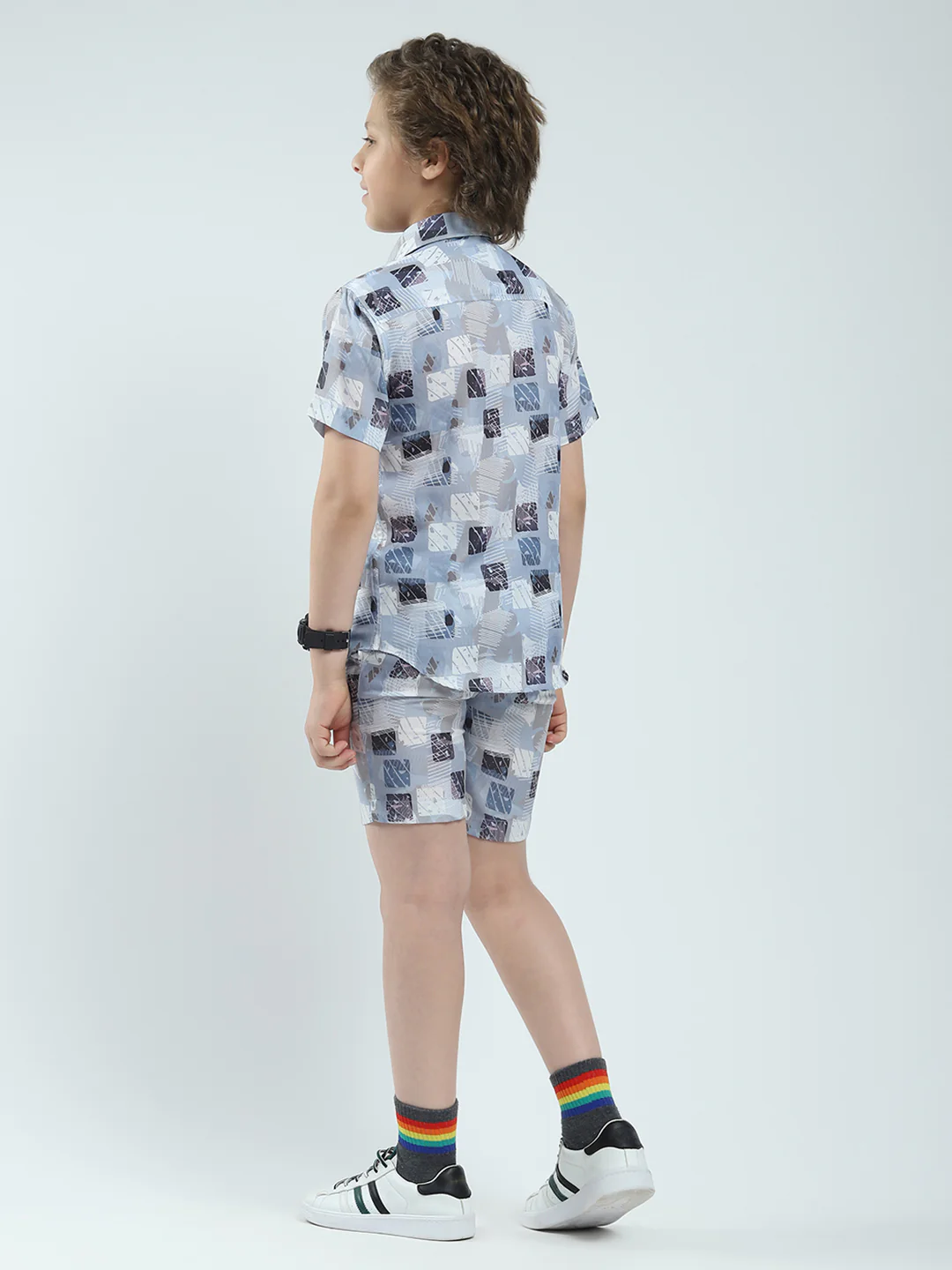 Boys Blue Printed Collar Half Sleeve Bermuda Set - Image 5