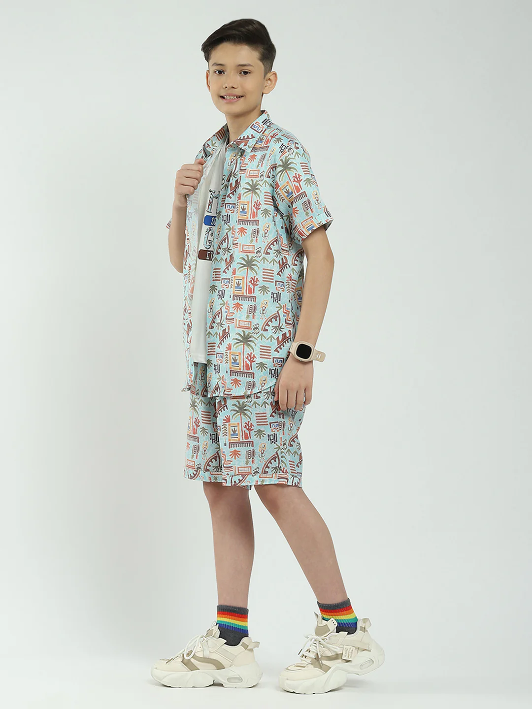 Boys Blue Printed Collar Half Sleeve Cords Set - Image 3