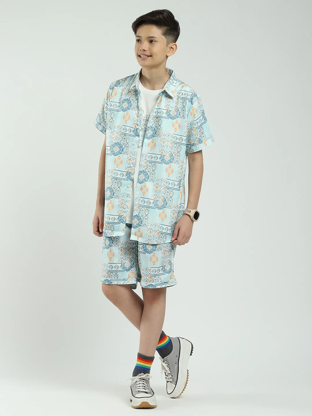 Boys Blue Printed Collar Half Sleeve Cords Set - Image 3