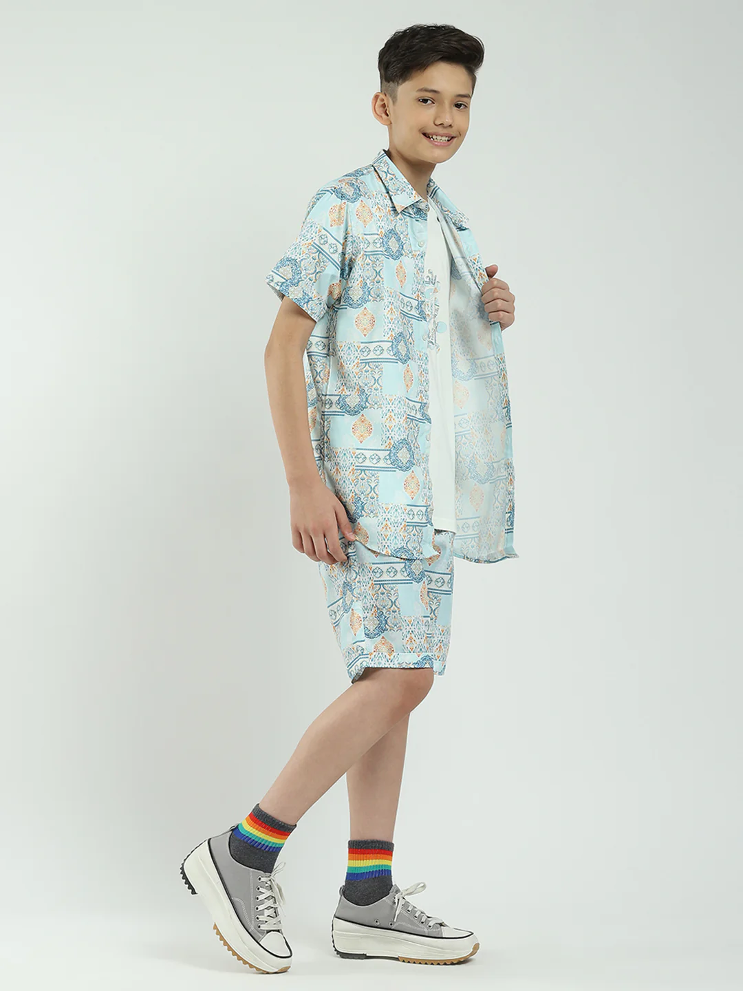 Boys Blue Printed Collar Half Sleeve Cords Set - Image 4