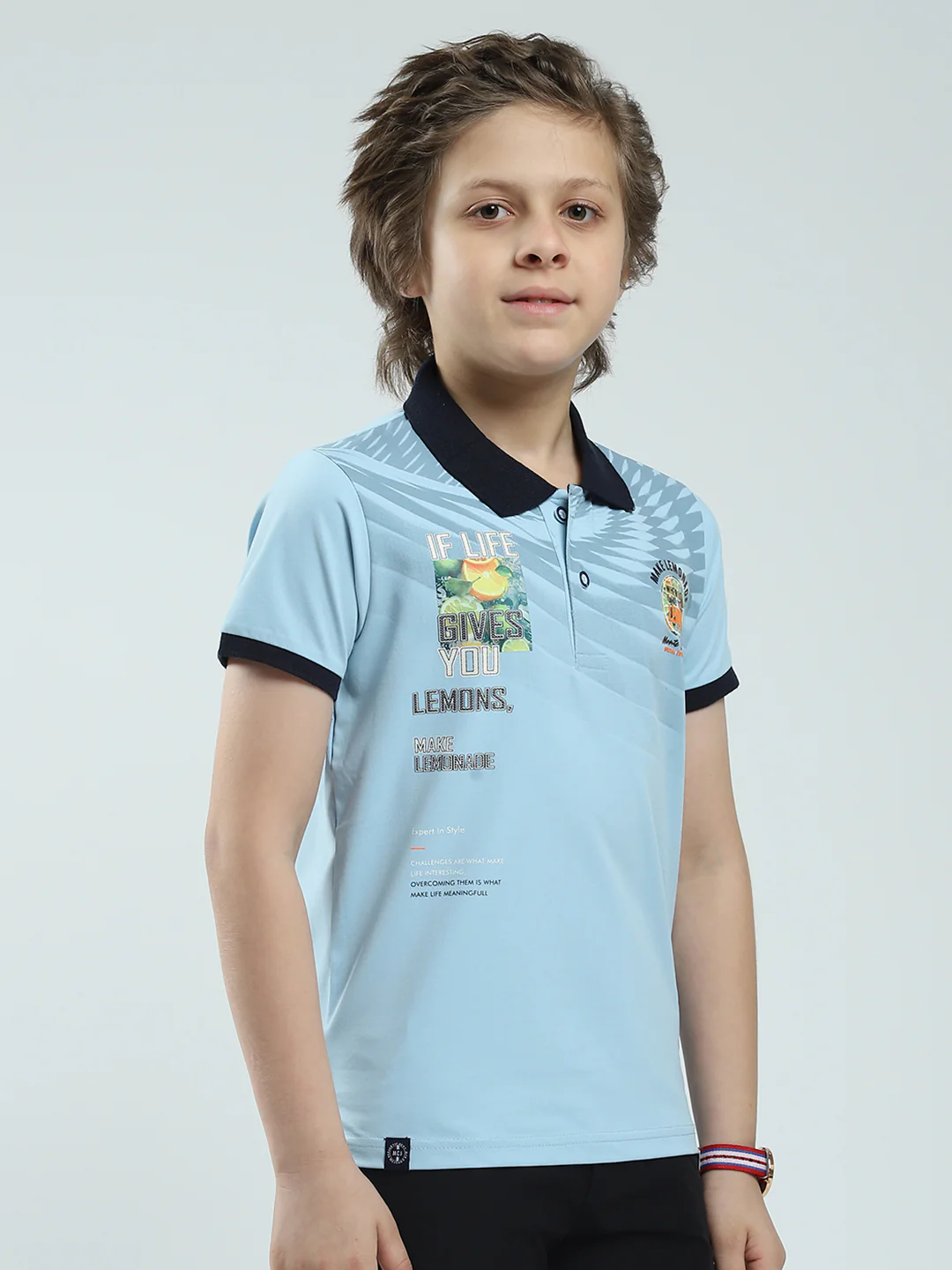 Boys Blue Printed Collar Half Sleeve T-Shirt - Image 4