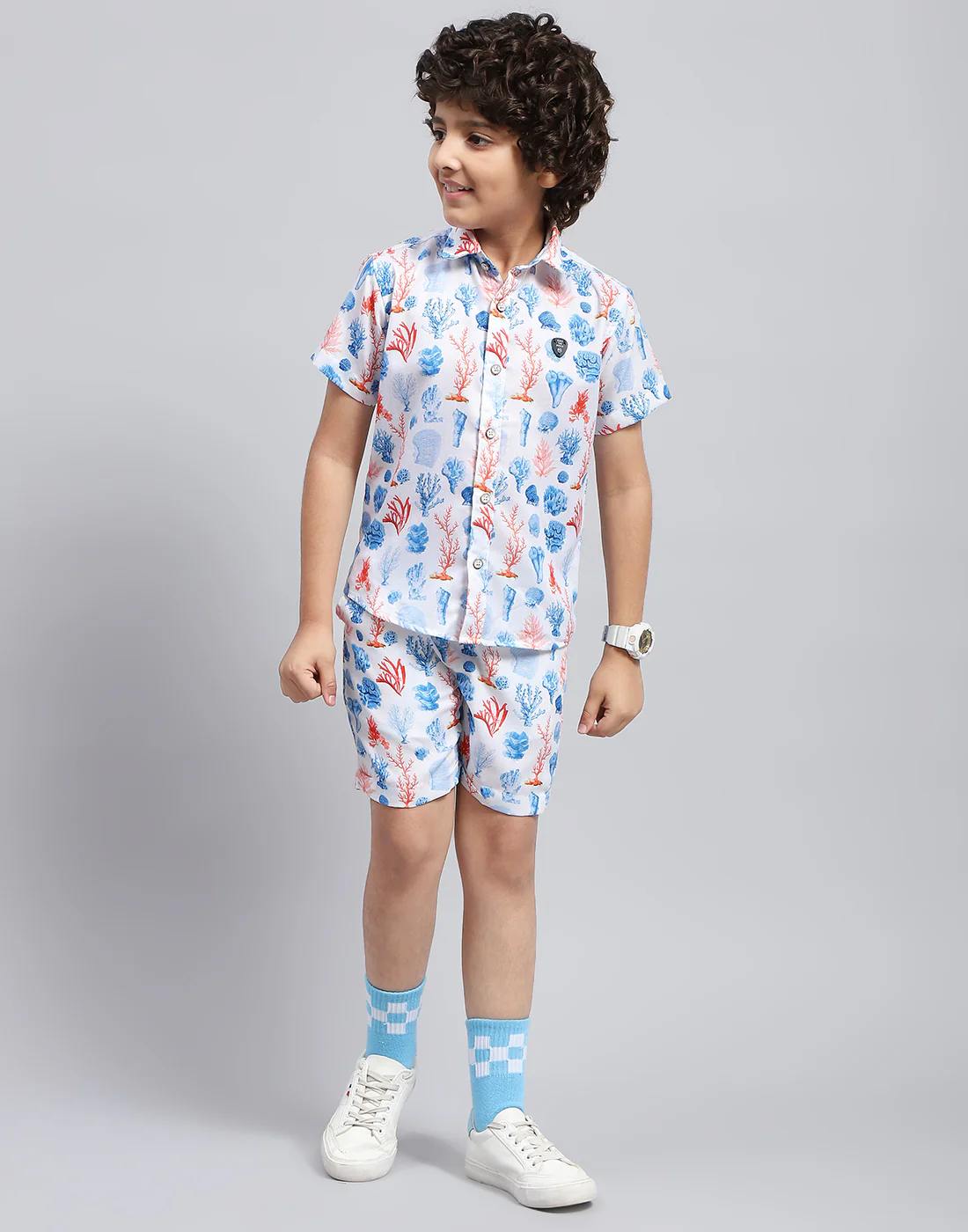 Boys Blue Printed Collar Neck Half Sleeve Bermuda Set - Image 2