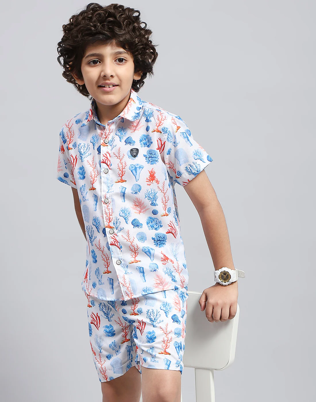 Boys Blue Printed Collar Neck Half Sleeve Bermuda Set - Image 6