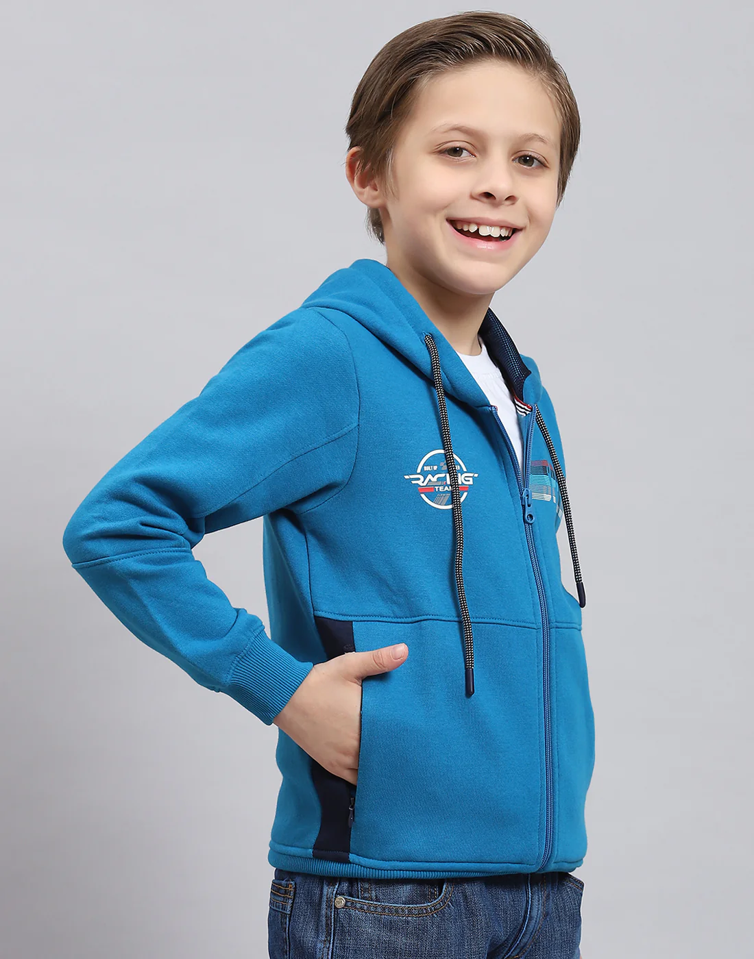 Boys Blue Printed Hooded Full Sleeve Sweatshirt - Image 4