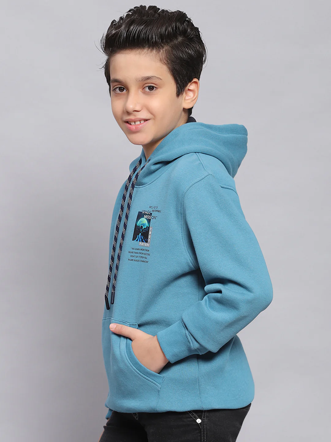Boys Blue Printed Hooded Full Sleeve Sweatshirt - Image 4