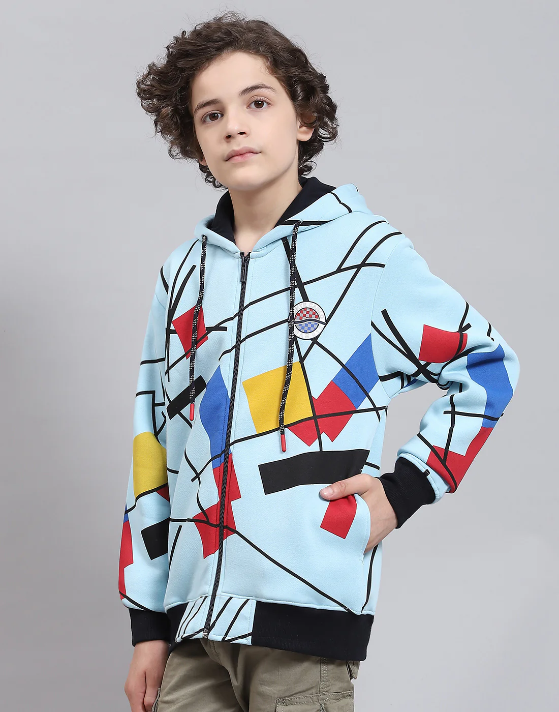 Boys Blue Printed Hooded Full Sleeve Sweatshirt - Image 3