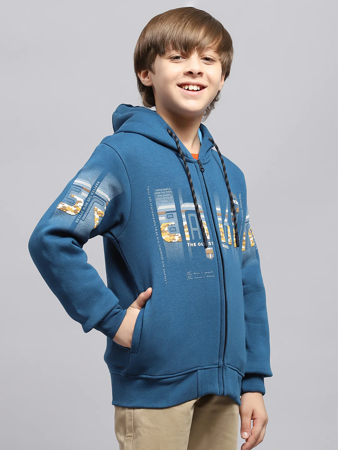 Boys Blue Printed Hooded Full Sleeve Sweatshirt - Image 4