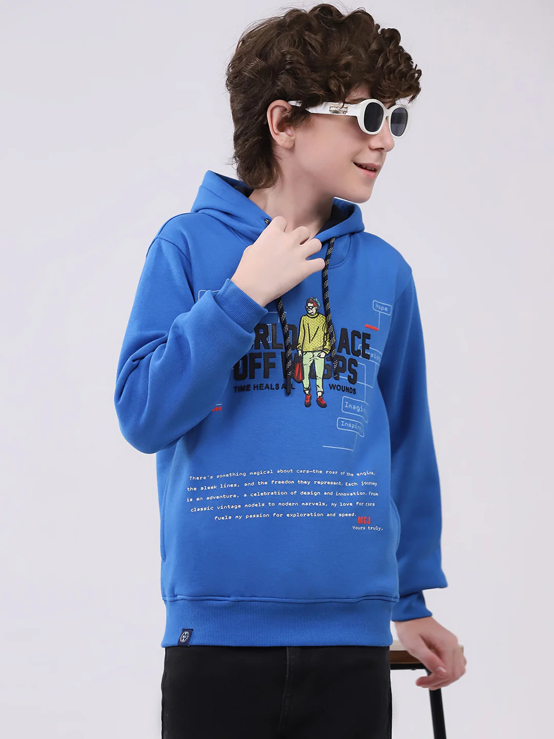 Boys Blue Printed Hooded Full Sleeve Sweatshirt - Image 6