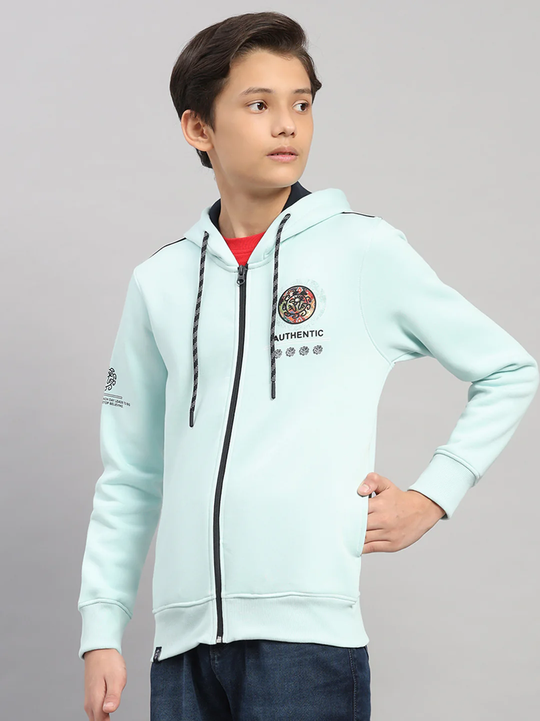 Boys Blue Printed Hooded Full Sleeve Sweatshirt - Image 3