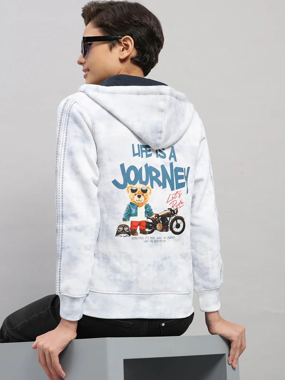 Boys Blue Printed Hooded Full Sleeve Sweatshirt - Image 6