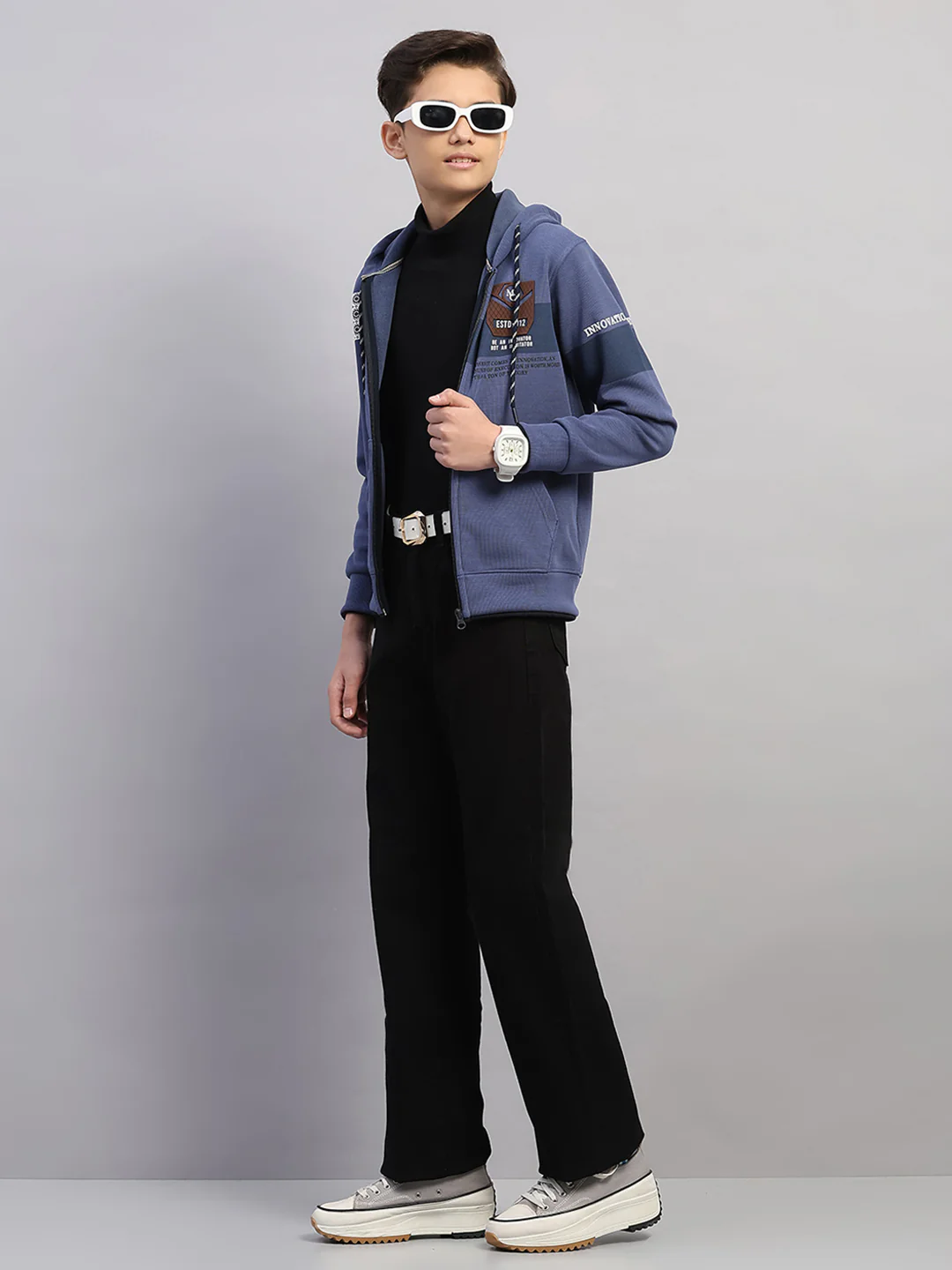 Boys Blue Printed Hooded Full Sleeve Sweatshirt - Image 2