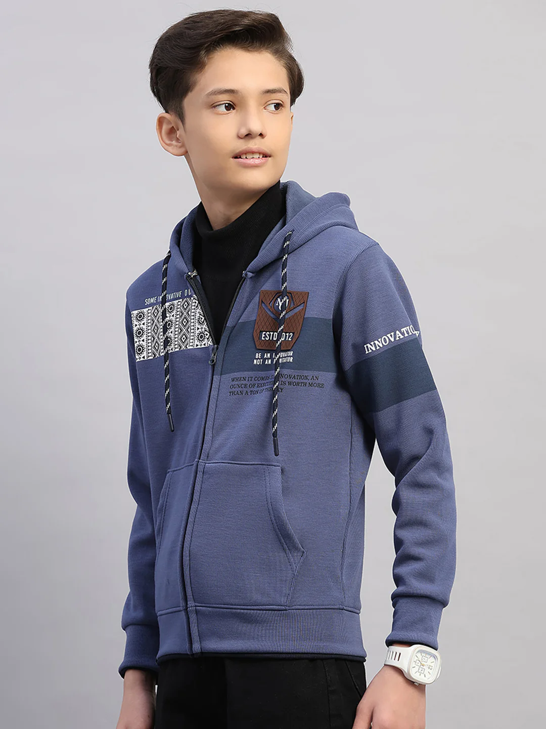 Boys Blue Printed Hooded Full Sleeve Sweatshirt - Image 3