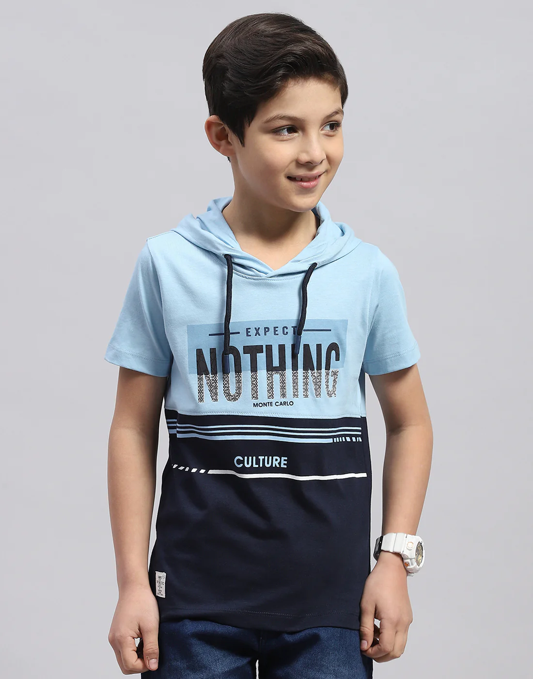 Boys Blue Printed Hooded Half Sleeve T-Shirt - Image 2