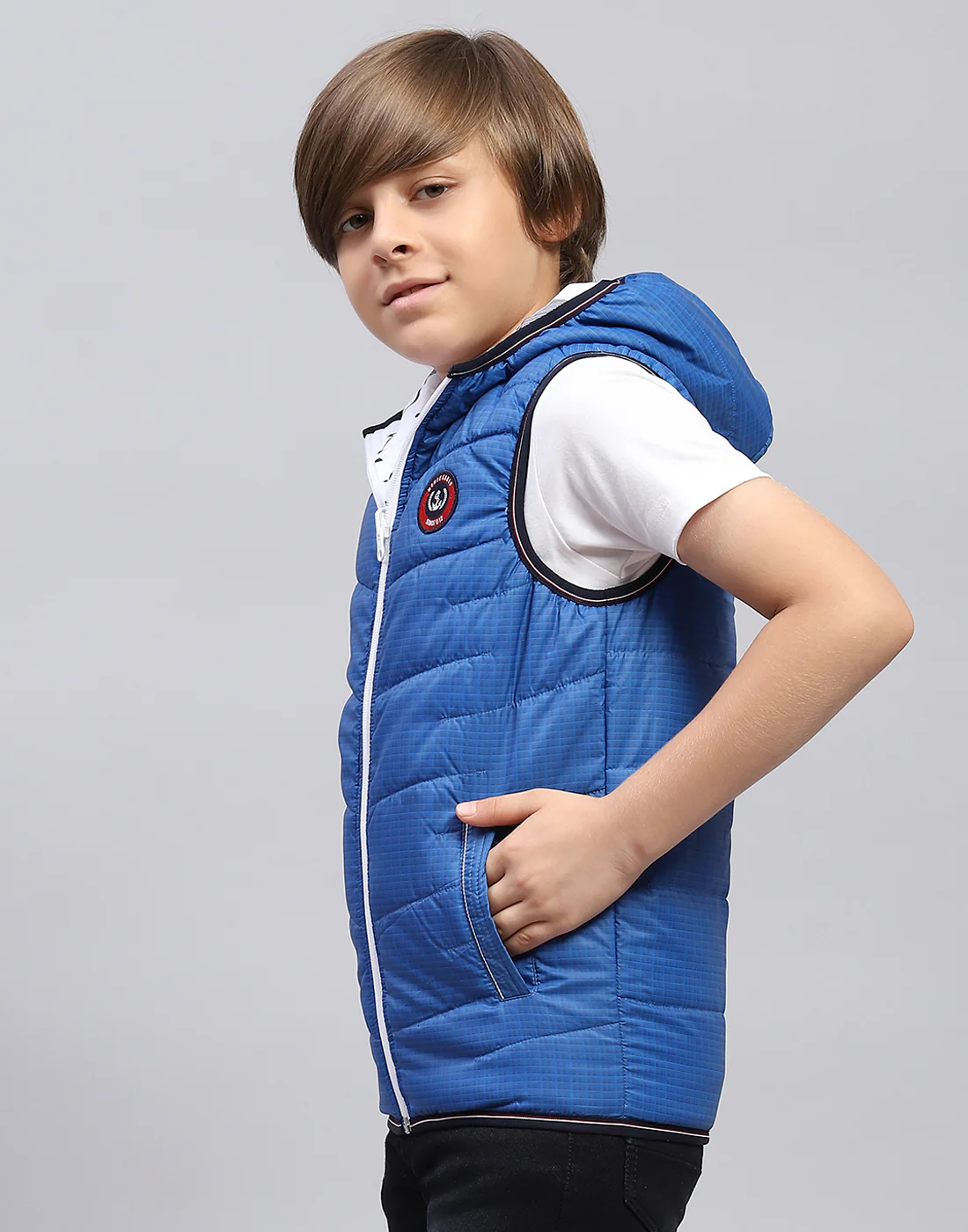 Boys Blue Printed Hooded Sleeveless Jacket - Image 3