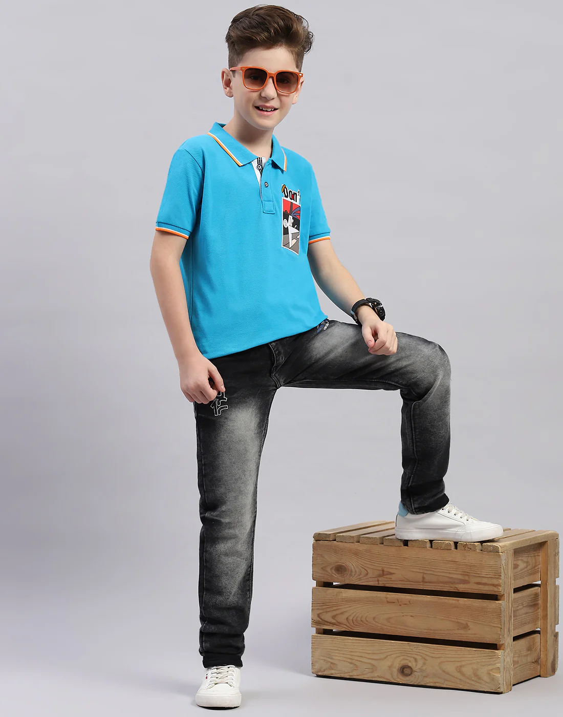 Boys Blue Printed Polo Collar Half Sleeve T-Shirt - Image 2