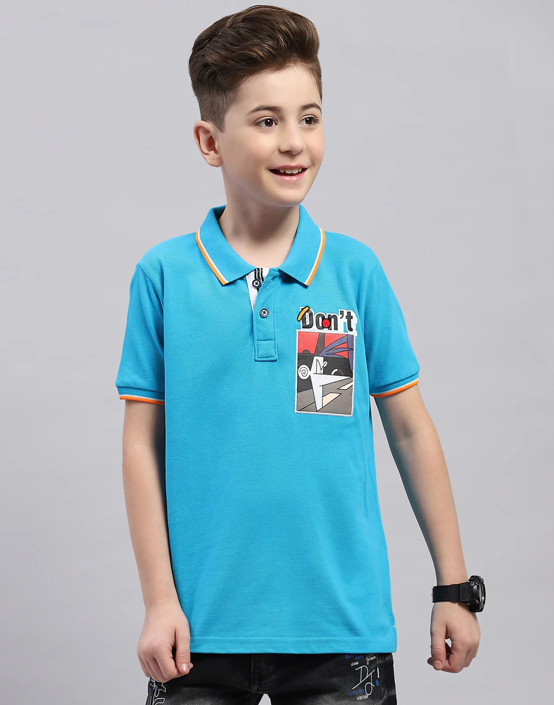 Boys Blue Printed Polo Collar Half Sleeve T-Shirt - Image 3