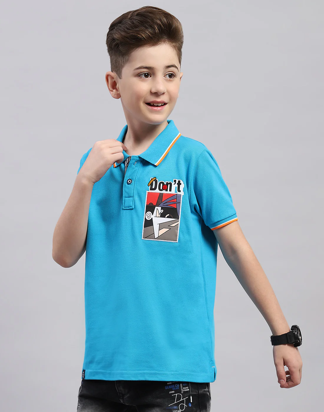 Boys Blue Printed Polo Collar Half Sleeve T-Shirt - Image 4