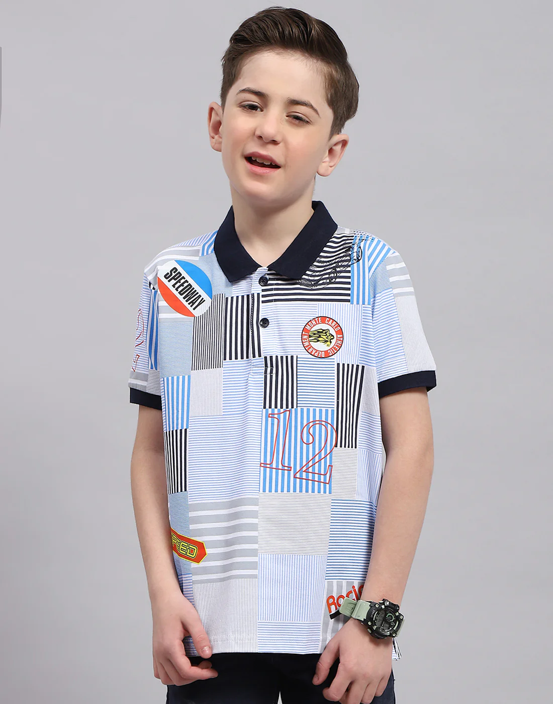 Boys Blue Printed Polo Collar Half Sleeve T-Shirt - Image 2