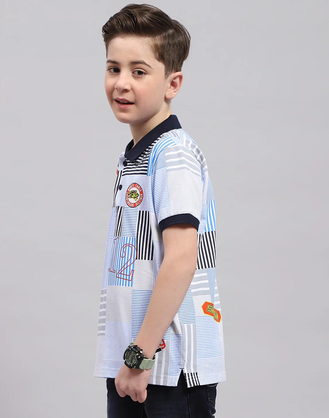 Boys Blue Printed Polo Collar Half Sleeve T-Shirt - Image 3